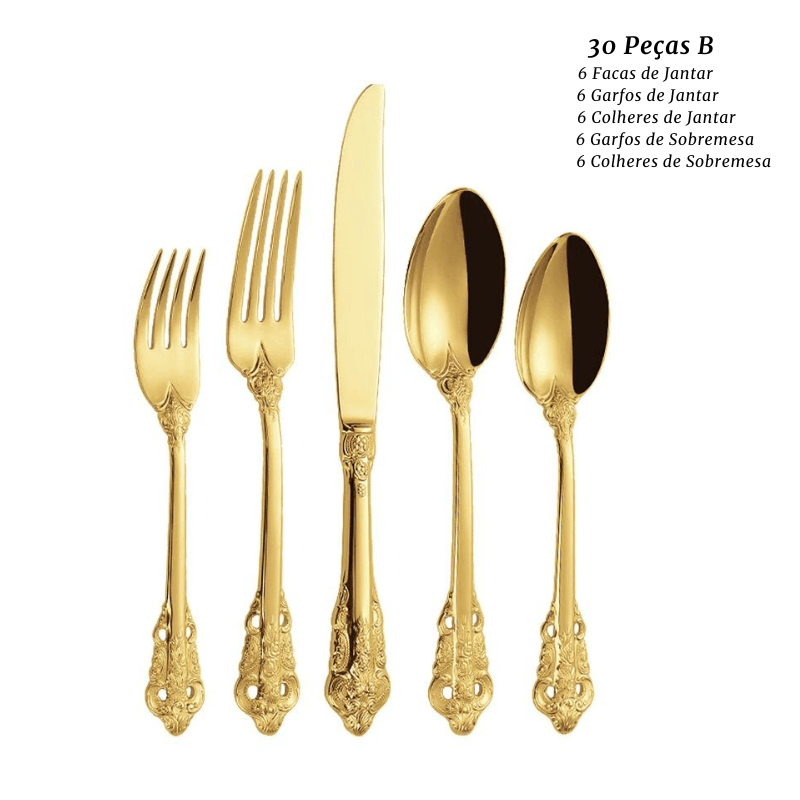 Conjunto de Talheres 30 Peças Decorado Banhado a Ouro - Casas Carol